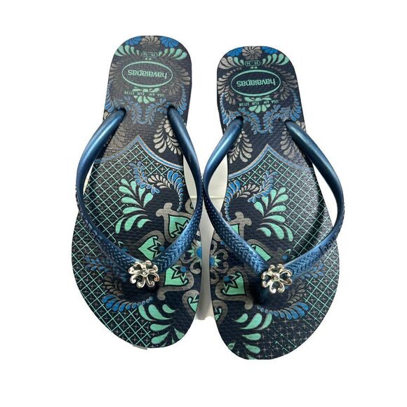 Havaianas Womens Blue Thong Flip Flop Sandals Size 6 US Silver Flower Rhinestone - Picture 1 of 10